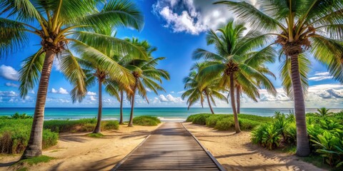Obraz premium of a path leading to a tropical sandy beach with palm trees, tropical, beach, sand, path, palm trees, vacation, paradise