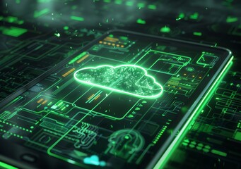 Futuristic Cloud Computing Concept with Neon Lights on Digital Interface Background