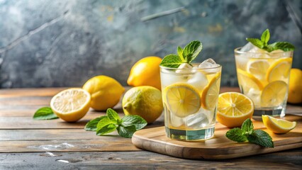 Fototapeta premium Refreshing summer cocktail with freshly squeezed lemons and ice cubes, lemons, summer, beverage, drink, cocktail, citrus