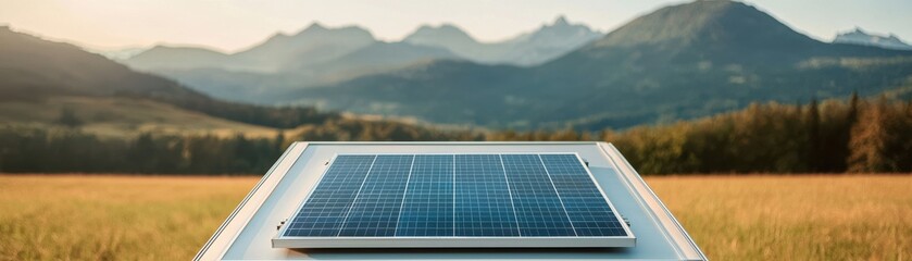 Solar panel on a rooftop with mountains in the background, highlighting renewable energy and nature's beauty.