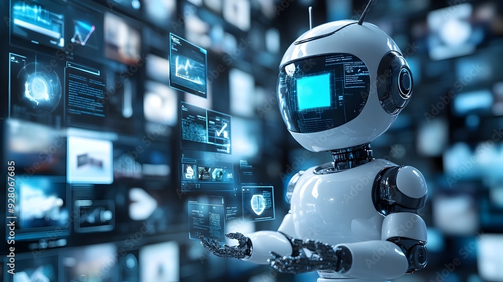 Poster 3d search engine robot curating a futuristic gallery of floating digital images and text symbolizing
