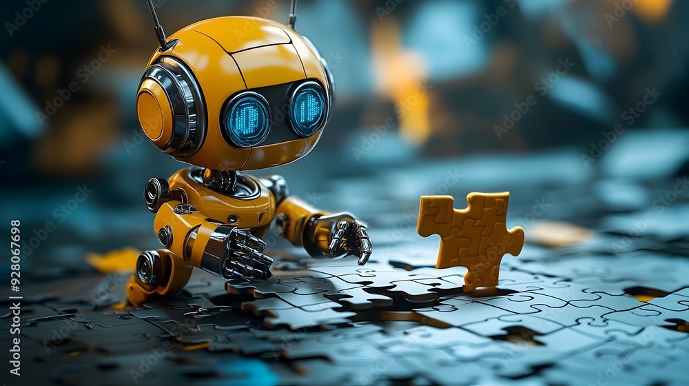 Poster a 3d robot with metallic mechanical body and glowing blue and orange eyes piecing together a digital