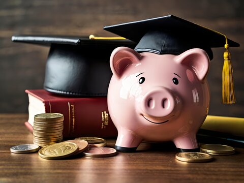 Piggy bank with coins and black graduation cap as a symbol of education loan