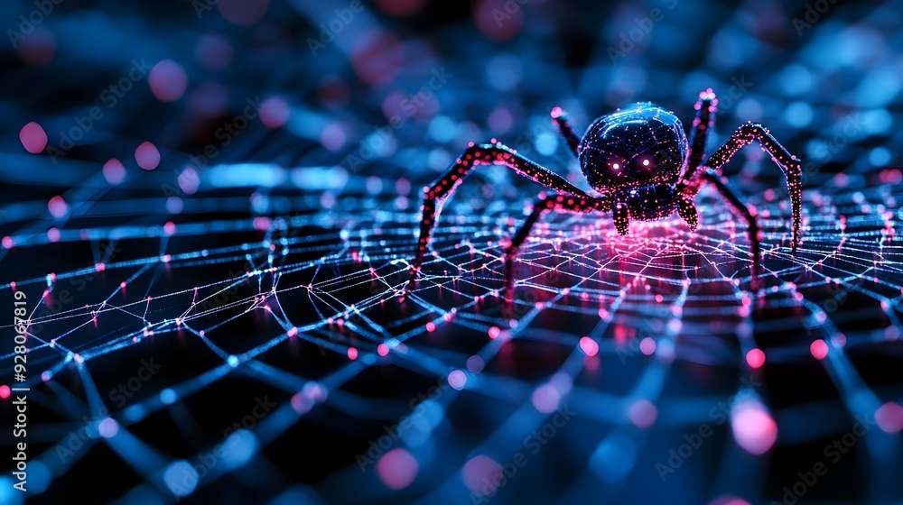 Poster 3d digital of a complex spider web structure with a robotic search engine crawler navigating through