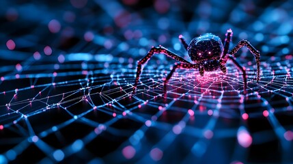 3D digital of a complex spider web structure with a robotic search engine crawler navigating through the interconnected cybernetic network