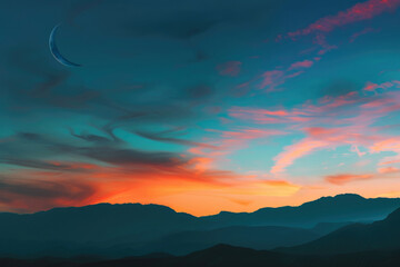 Obraz premium Crescent Moon Above Dramatic Sky, Colorful Sunset Over Distant Mountains, Ramadan and Eid Mubarak Background