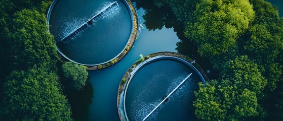 Aerial drone view of an intricate sewage and wastewater management infrastructure system showcasing the complex network of pipes tanks