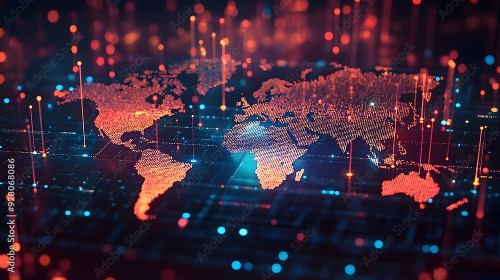 Poster holographic 3d world map interface representing a futuristic global search engine with data points s