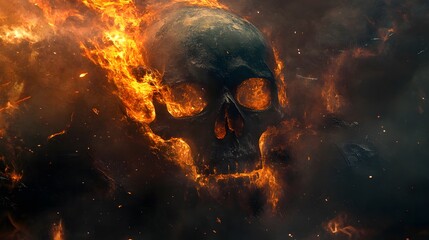 Dark fantasy phone wallpaper with a fiery skull in lava and flames