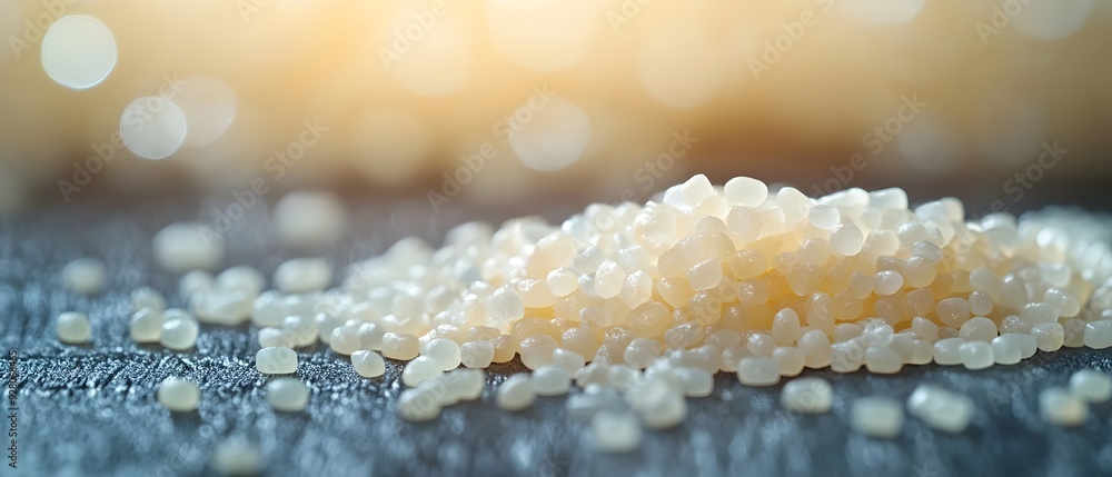 Poster glistening translucent synthetic polymer crystals texture with a soft glowing background and ample c