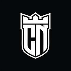 CN Logo shield shape with geometric crown inside white outline on black background template design