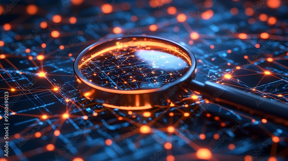 Poster A 3D rendered image of a magnifying glass zooming in on a intricate digital network symbolizing the process of search engines and analytics uncovering hidden details and insights within complex data