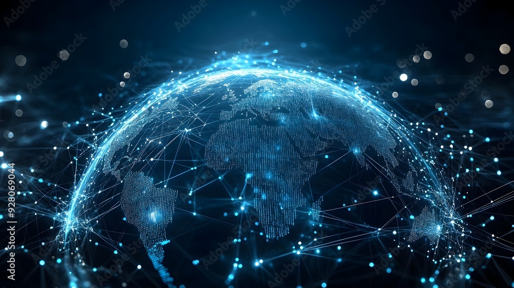 Poster a futuristic 3d search engine globe with a network of interconnected data points