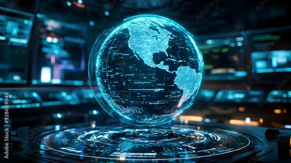 Poster futuristic 3d holographic search engine interface displaying a rotating globe with live search queri