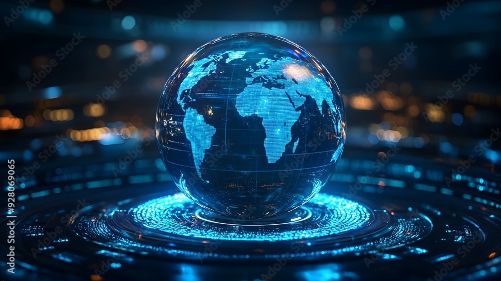 Poster futuristic 3d holographic globe interface showcasing a dynamic global search engine symbolizing real