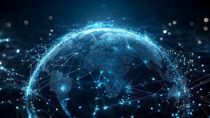 A futuristic 3D search engine globe with a network of interconnected data points