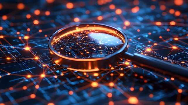 A 3D rendered image of a magnifying glass zooming in on a intricate digital network symbolizing the process of search engines and analytics uncovering hidden details and insights within complex data