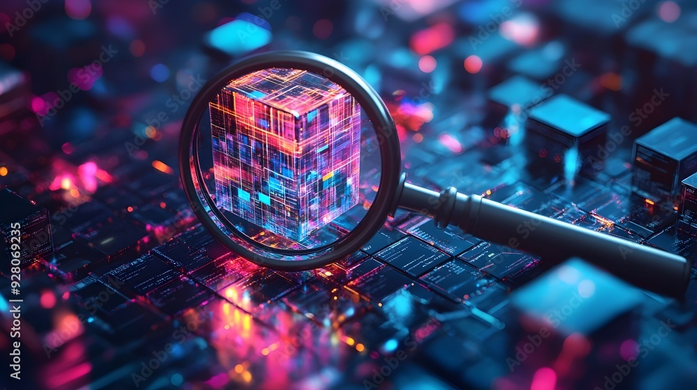 Poster 3d magnifying glass dissecting layers of complex digital data cube symbolizing deep search capabilit