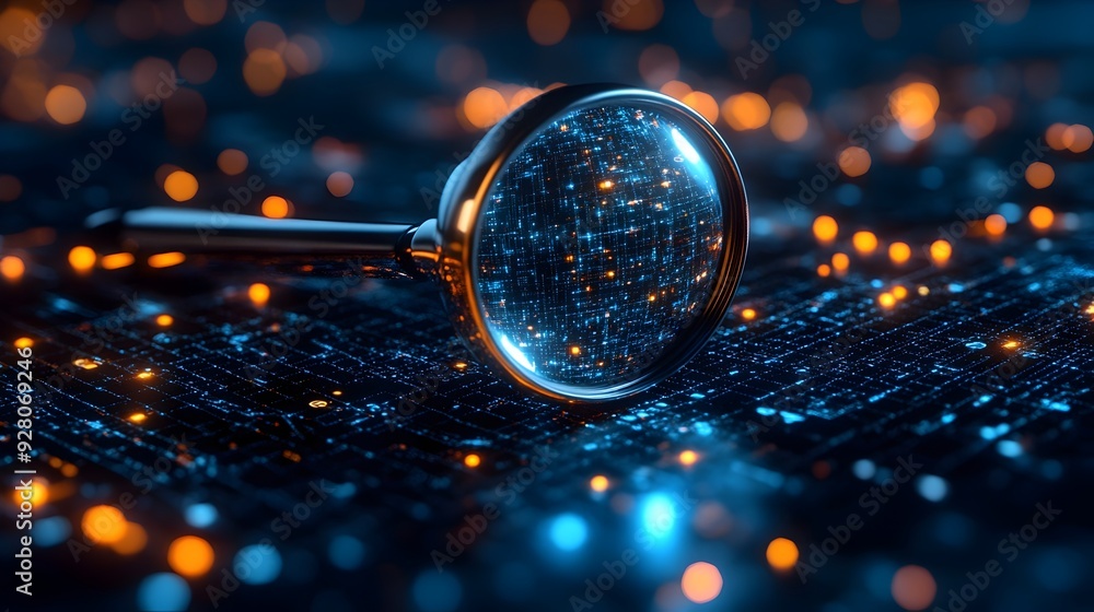 Poster a 3d magnifying glass hovers over a digital network revealing hidden data and information symbolizin