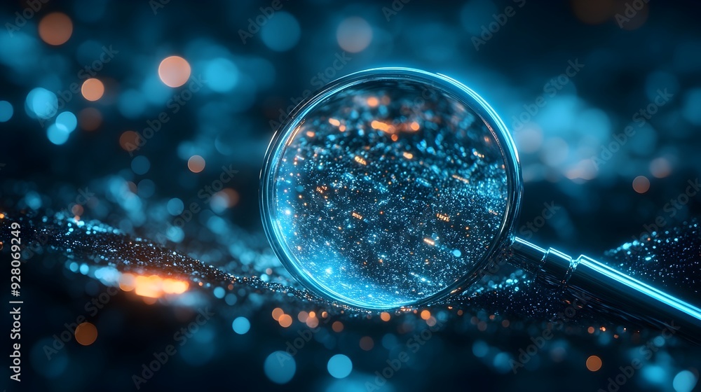 Poster 3d magnifying glass focusing bright light beams on floating search results in a virtual space symbol