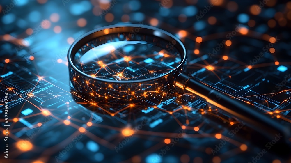 Poster a 3d magnifying glass zooming in on a complex digital network symbolizing search engines uncovering 