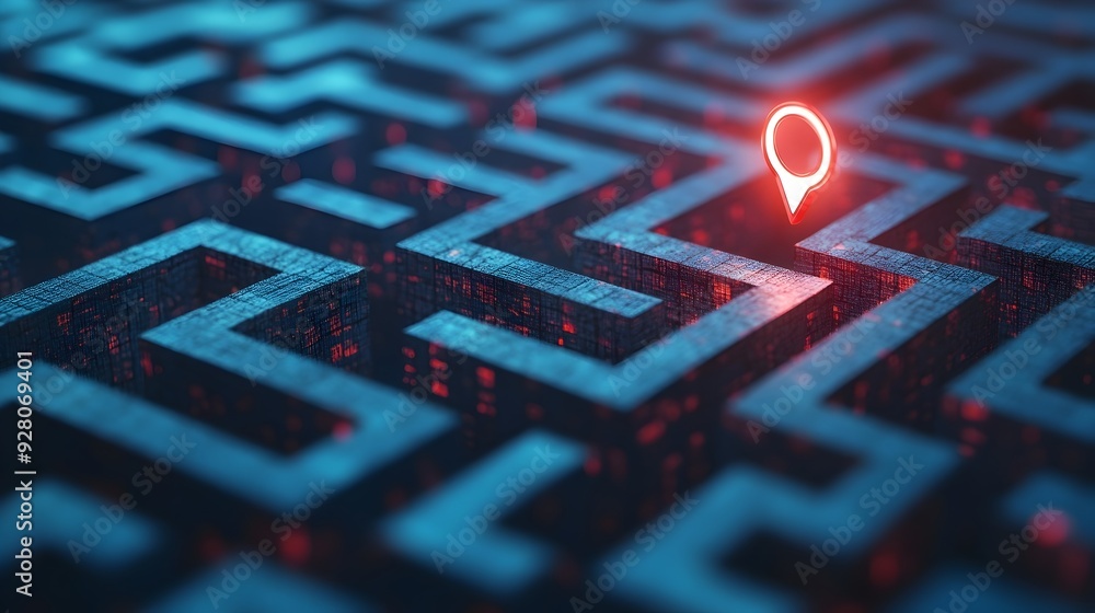 Poster 3d maze with a search bar hovering above guiding users to the right path symbolizing navigation thro