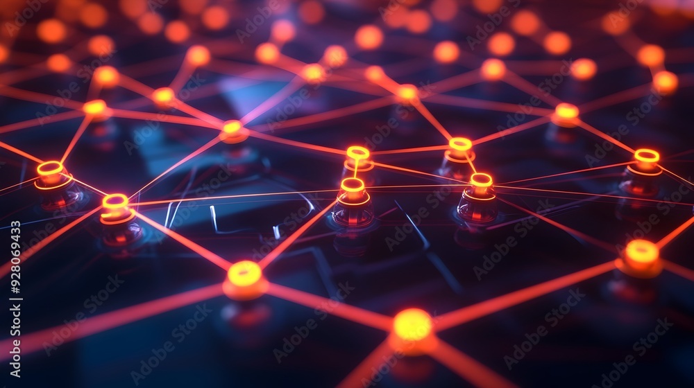 Poster an abstract 3d visualization depicting a network of interconnected search engine icons linked by glo
