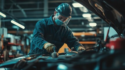 Obraz premium A mechanic in a blue jumpsuit and a face mask works on a car engine in a garage.