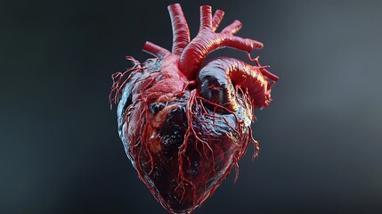 Anatomical 3D rendering of a human heart, illustrating the blood flow through the heart&acirc;&euro;&trade;s chambers and vessels