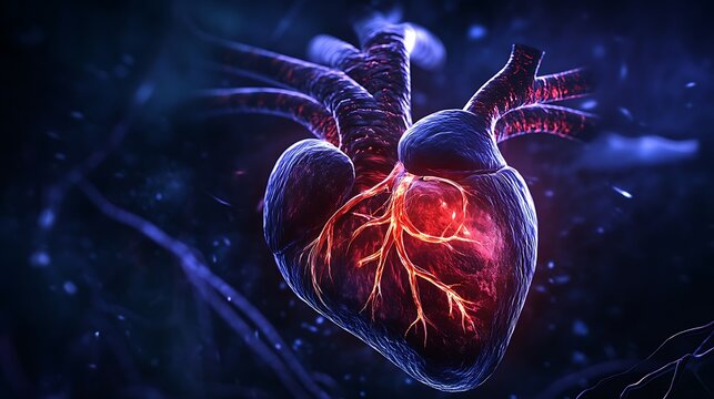 Detailed 3D visualization of a human heart, highlighting the aorta, ventricles, and atria for educational purposes