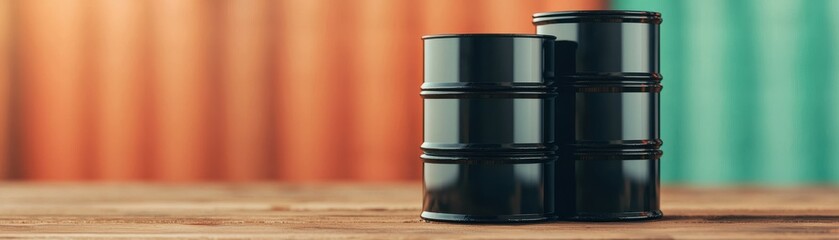 Two black oil barrels on a wooden surface with colorful background, ideal for industrial or energy-related themes.