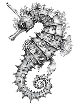 recommend clip art: Cute seahorse coloring page with simple, light grayscale design for kids
