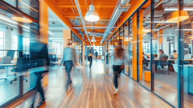 A blurred employees walking in the busy office