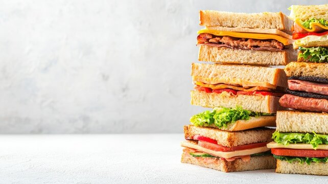 Neatly stacked prepackaged sandwiches in a variety of flavors, emphasizing choice and convenience in a modern deli, convenient deli food