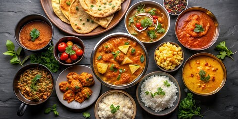 Assorted Indian food dishes displayed on a black background, Indian, cuisine, traditional, dal, biryani, samosa, curry