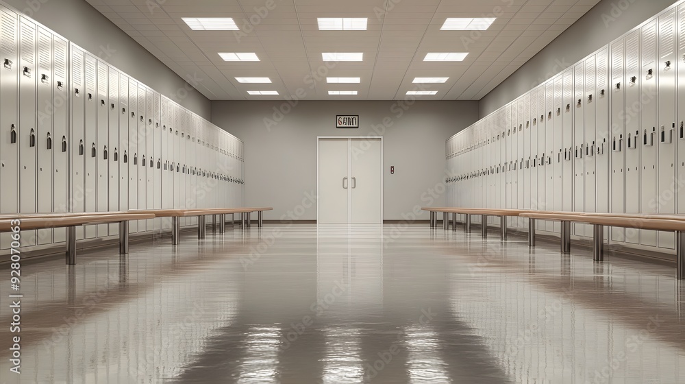 Poster empty locker room with rows of lockers and a single exit door