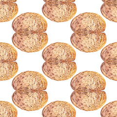 Seamless pattern with watercolor sliced of loaf of fresh crispy homemade bread on white background. Whole grain bun for healthy breakfast. Food for cookbook or cafe or kitchen. Wallpaper or wrapping