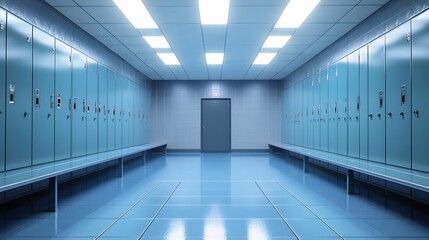 Obraz premium Empty Locker Room with Blue Lockers and Tile Floor