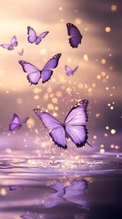Purple butterflies flying in water with golden light on a purple background, perfect for mobile wallpaper.