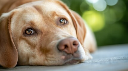 laying down ground sad expression labrador glossy yellow prime lens honey colored eyes emote face absurdly dipstick tail medium closeup magnified worried