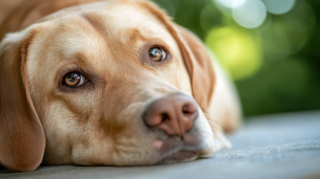 laying down ground sad expression labrador glossy yellow prime lens honey colored eyes emote face absurdly dipstick tail medium closeup magnified worried