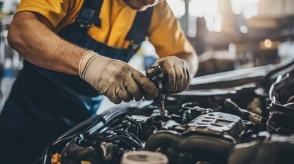 A mechanic works on a car engine, using a power tool to tighten a bolt.