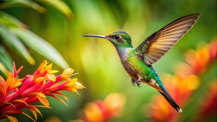 Fototapeta premium Colibri hovering over a tropical flower, colibri, hummingbird, tropical, flower, bird, wildlife, nature, vibrant, colorful