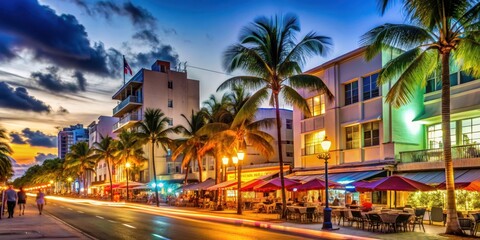 Vibrant nightlife scene on Ocean Drive in South Beach, Miami , hotels, bars, restaurants, nightlife