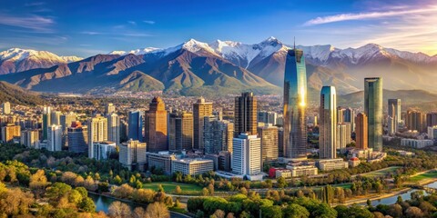 Obraz premium Panoramic view of modern skyscrapers and mountains in Santiago de Chile, Providencia