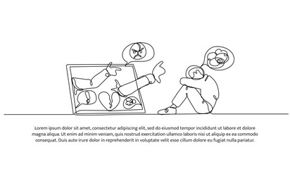 Continuous one line design of bullying on social media. Minimalist style vector illustration on white background.