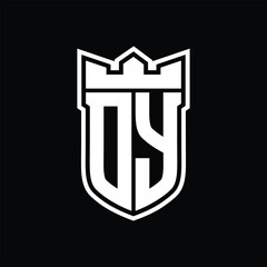 DY Logo shield shape with geometric crown inside white outline on black background template design