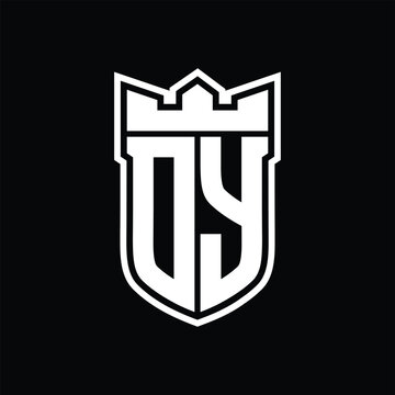 recommend clip art: DY Logo shield shape with geometric crown inside white outline on black background template design