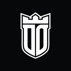 DO Logo shield shape with geometric crown inside white outline on black background template design