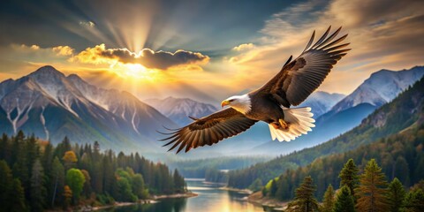 Fototapeta premium Majestic eagle soaring over a serene natural landscape, mystical, eagle, bird, nature, majestic, wild, wings, forest, wildlife